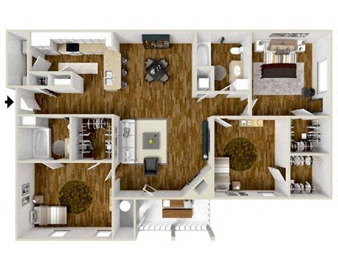 Floor plan for 3 beds, 2 baths, 1306 sqft